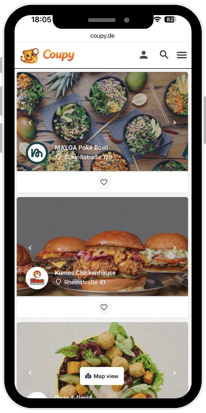 Coupy Karte mit Restaurants und Deals in der Nähe